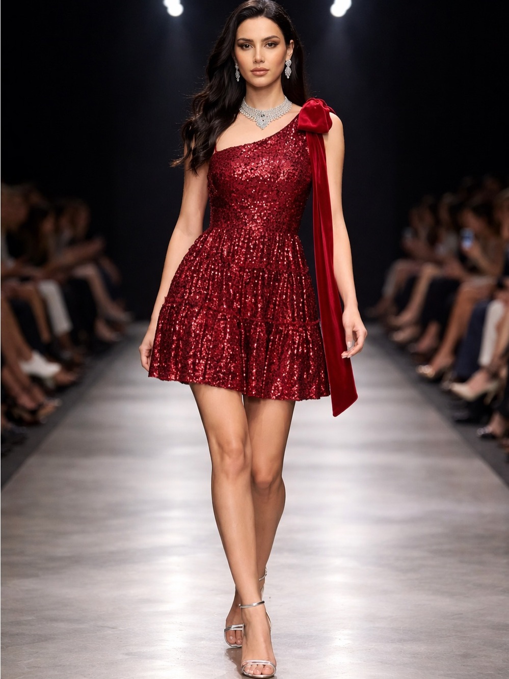 Red One-Shoulder Sequin Mini Dress with Bow-Shoulder Detail by Geisha Designs